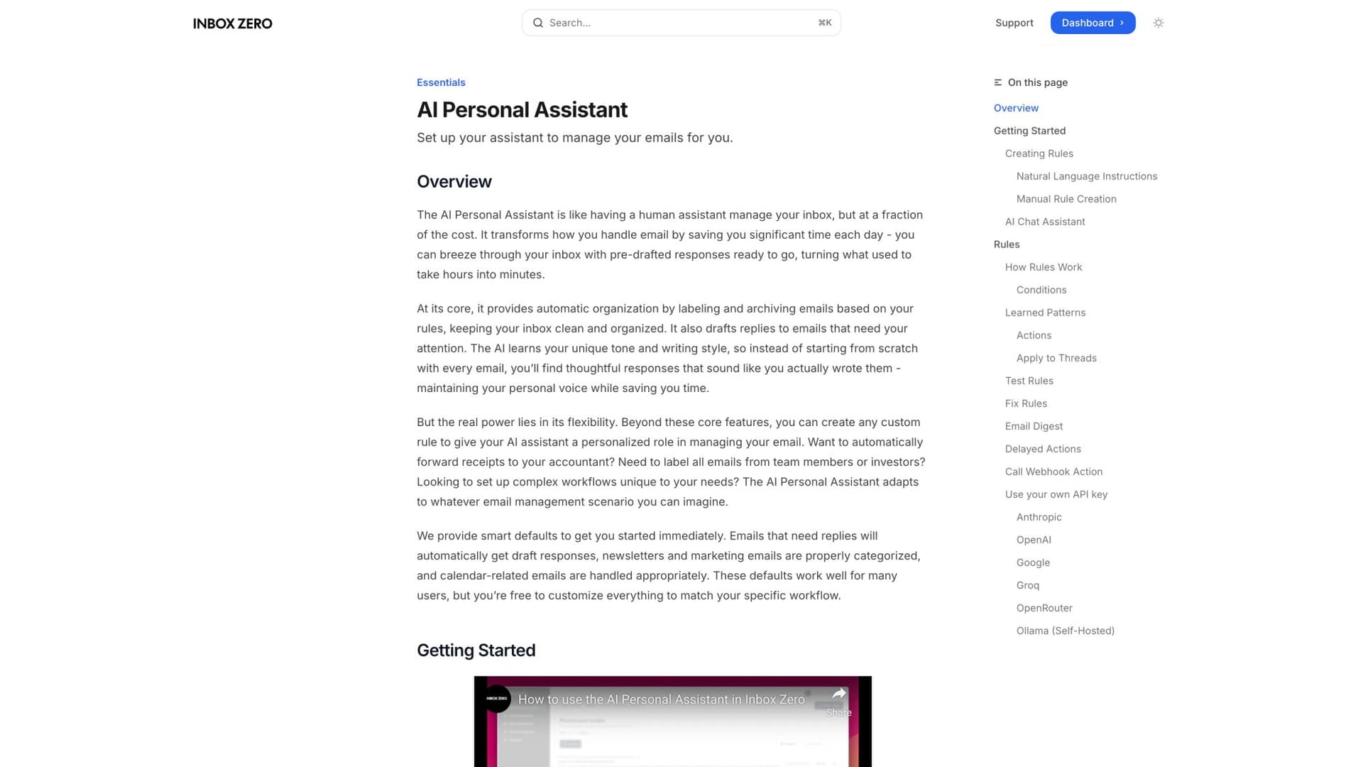 Inbox Zero AI Personal Assistant documentation showing rule-based email classification and automated response drafting